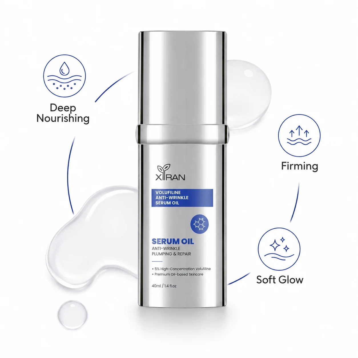 A bottle of Xiran Volufiline anti-wrinkle serum oil with 40ml capacity, showcased with benefits like deep nourishing, firming, and soft glow.